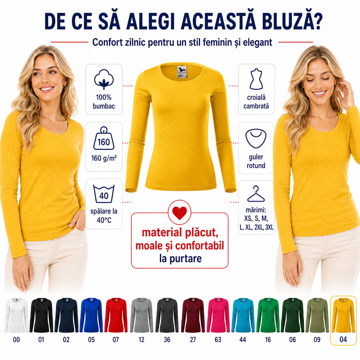 Bluză damă 169 Fit-T LS, 100% bumbac, croială cambrată, guler rotund și mărimi XS-3XL